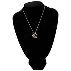 Gold Tone Double Heart Pendant Necklace Pink White Rhinestones Adjustable Chain